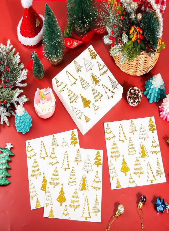 AimFun 100 Pcs Gold Xmas Trees Paper Napkins Christmas Tree Disposable Party Napkin Winter New Year Foil Beverage Hand Towels for Holiday Merry Christmas Party Supplies - Image 4